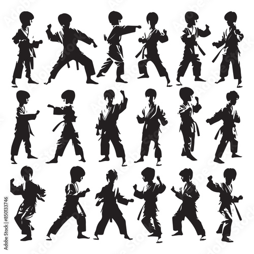 Silhouette set of young karate boys. Vector isolated illustration