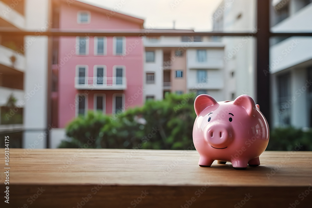 A pink piggy bank with home icon as a concept of saving money A pink piggy bank with home icon as a concept of saving money