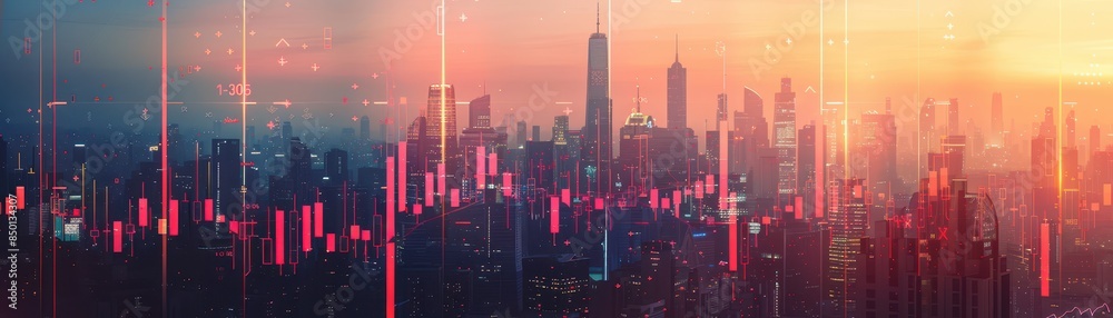 Fototapeta premium Rise city while a stock chart looms in the background