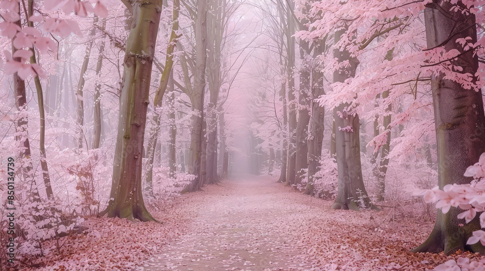 Naklejka premium A secluded forest with trees covered in pale pink leaves, the ground sprinkled with a mix of pink and light brown leaves, creating a romantic and dreamy autumn setting.