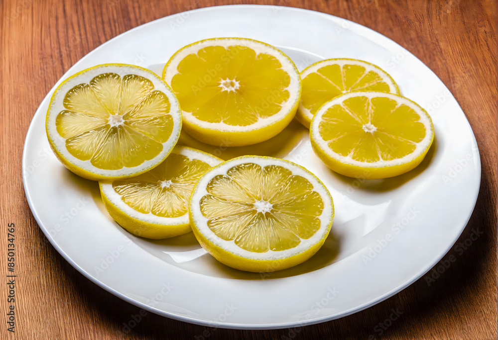 Sliced lemon on plate. Healthy citrus fruit Sliced lemon on plate. Healthy citrus fruit