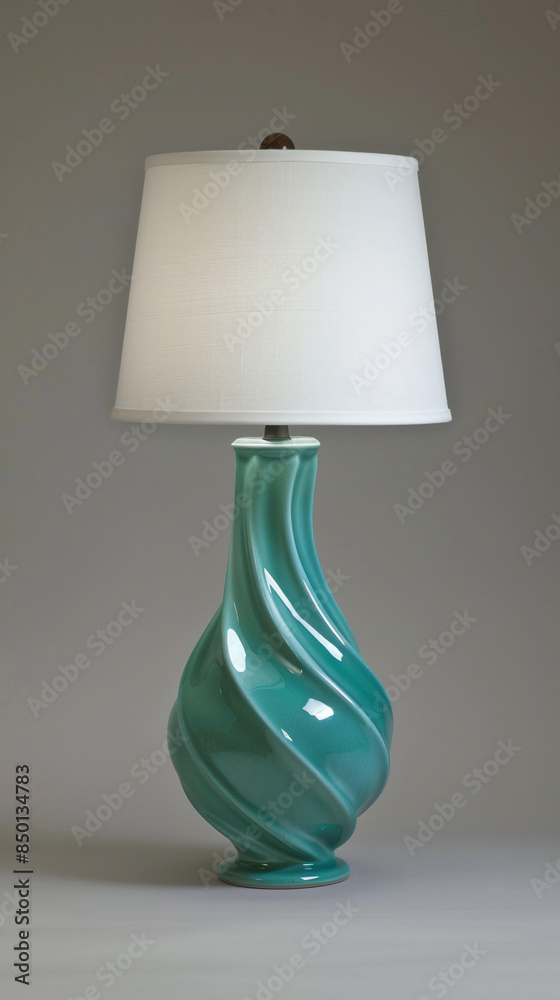A mid-century modern ceramic lamp with a vibrant turquoise base and a simple white fabric shade. A mid-century modern ceramic lamp with a vibrant turquoise base and a simple white fabric shade.