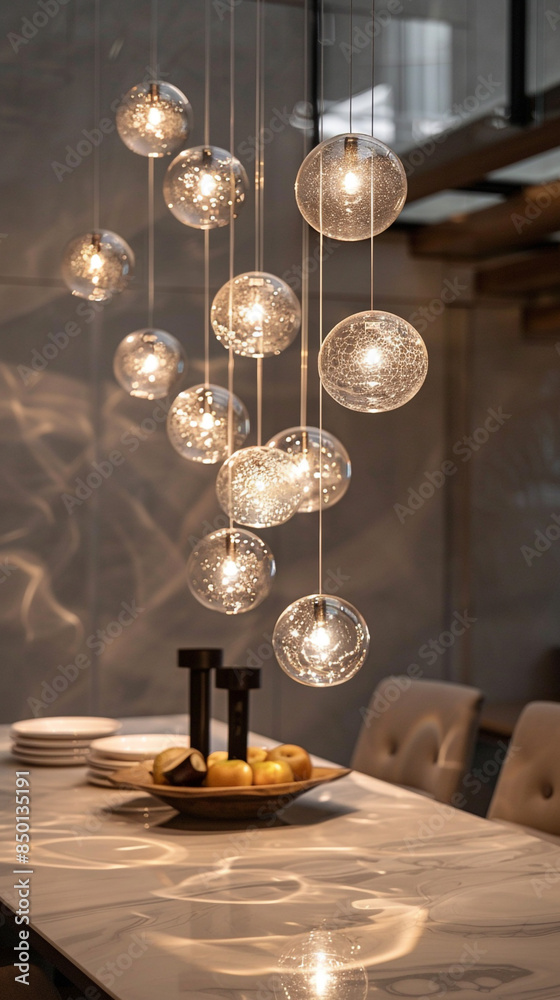 A statement-making wall art piece composed of hand-blown glass orbs suspended from delicate wires, creating a mesmerizing play of light and shadow in a contemporary dining room. A statement-making wall art piece composed of hand-blown glass orbs suspended from delicate wires, creating a mesmerizing play of light and shadow in a contemporary dining room.