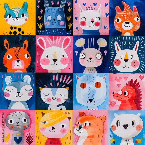 Cute Animal Faces Watercolor Illustration Collage