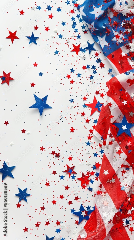 Fototapeta premium Festive Flowing American Flags with Stars Background