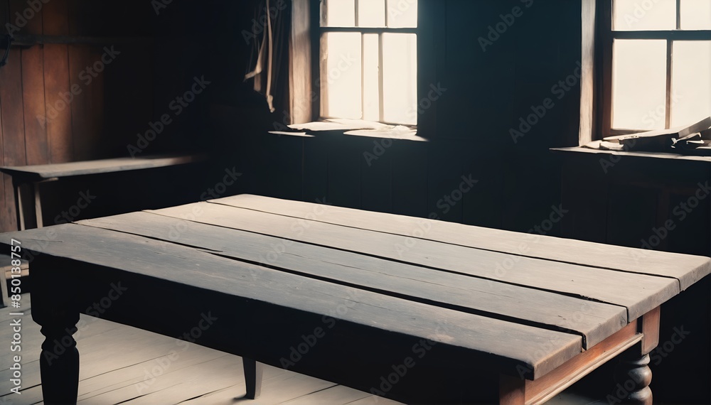 Sunlight shining on table in museum, old wooden house interior Sunlight shining on table in museum, old wooden house interior