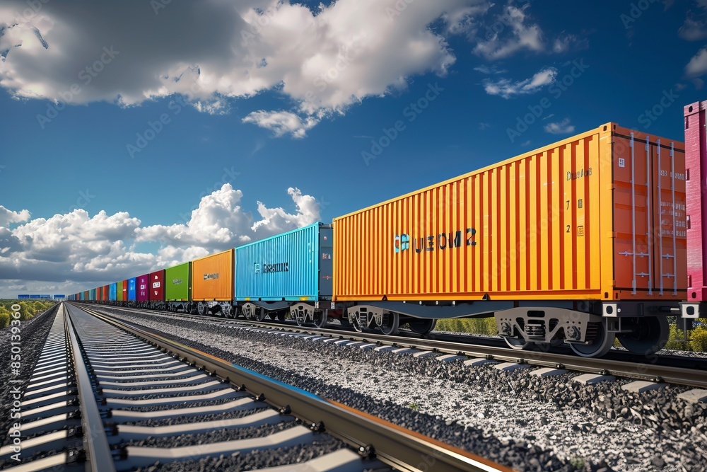 Colorful cargo train containers on railway under a bright blue sky. Concept of transport and logistics. Suitable for articles and presentations about industry and trade. Generative AI Colorful cargo train containers on railway under a bright blue sky. Concept of transport and logistics. Suitable for articles and presentations about industry and trade. Generative AI