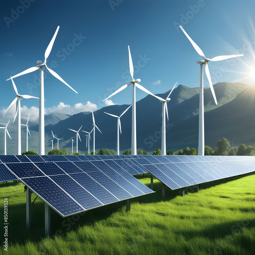 Renewable energy concept: solar and wind energy, green sustainable energy photo