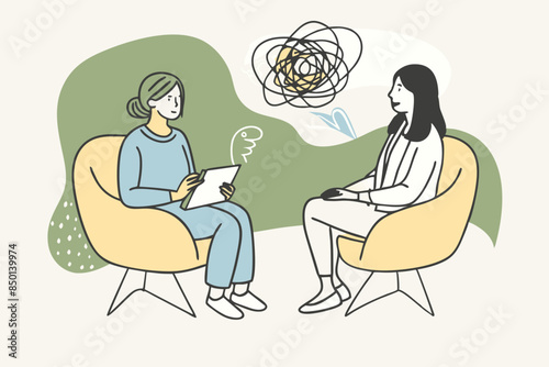 Fototapeta Naklejka Na Ścianę i Meble -  Psychotherapy session - woman talking to psychologist sitting on sofa. Mental health concept, vector illustration 
