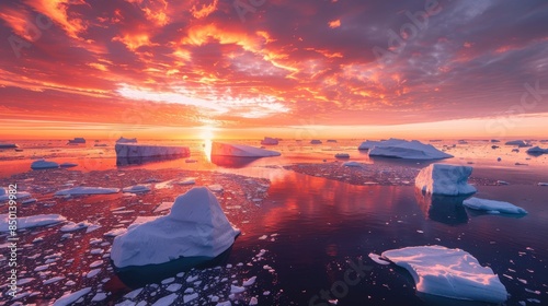 Dramatic Sunset Over Icebergs in Greenland. photo