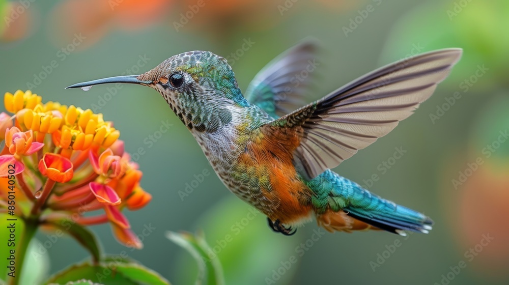 Fototapeta premium colorful hummingbird hovering in front of a blooming flower, its wings beating rapidly.