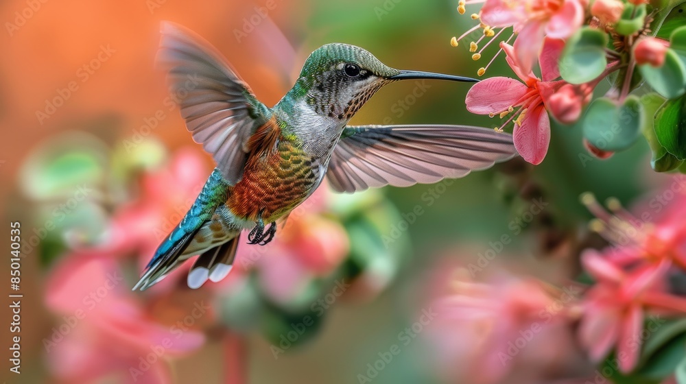 Fototapeta premium colorful hummingbird hovering in front of a blooming flower, its wings beating rapidly.