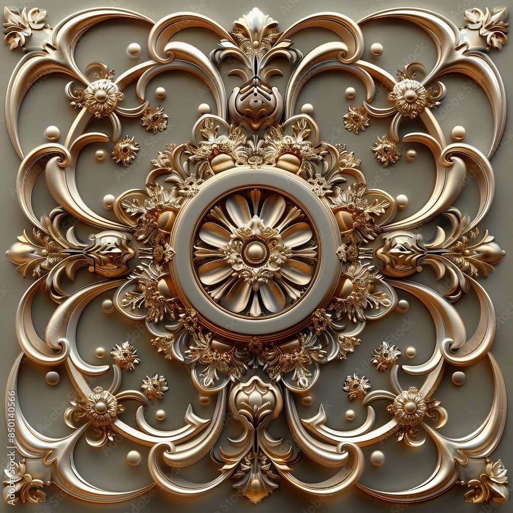 An exquisitely detailed ornate square design in gold, featuring intricate floral patterns and lavish decorations, symbolizing opulence and grandeur An exquisitely detailed ornate square design in gold, featuring intricate floral patterns and lavish decorations, symbolizing opulence and grandeur