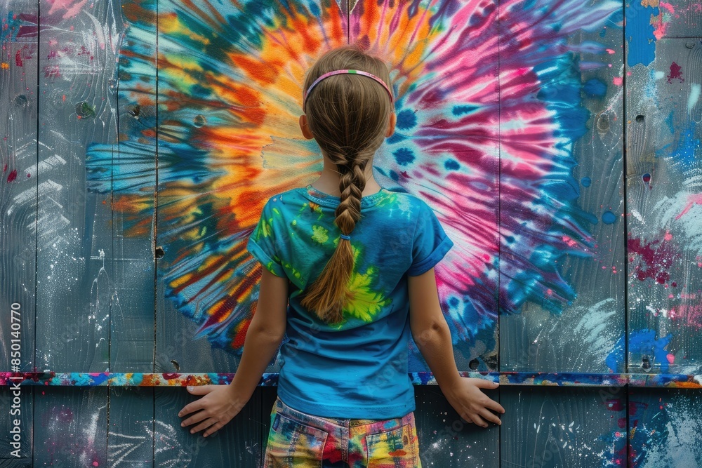 Fototapeta premium Girl in Tie-Dye Shirt Admiring Colorful Tie-Dye Mural on Wooden Fence Outdoors