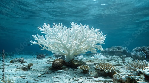 coral reef bleached white and dying, highlighting the devastating impact of ocean acidification on marine ecosystems.