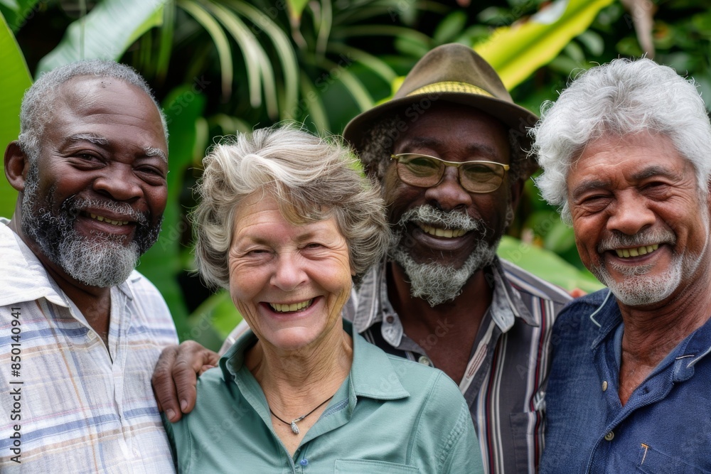 Group of diverse senior friends smiling and looking at camera in the garden Group of diverse senior friends smiling and looking at camera in the garden