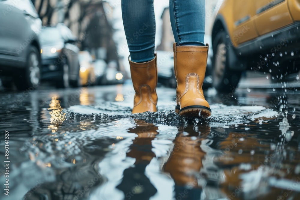 Woman walking through a puddle in rubber boots on a city street after the rain. Close-up Woman walking through a puddle in rubber boots on a city street after the rain. Close-up