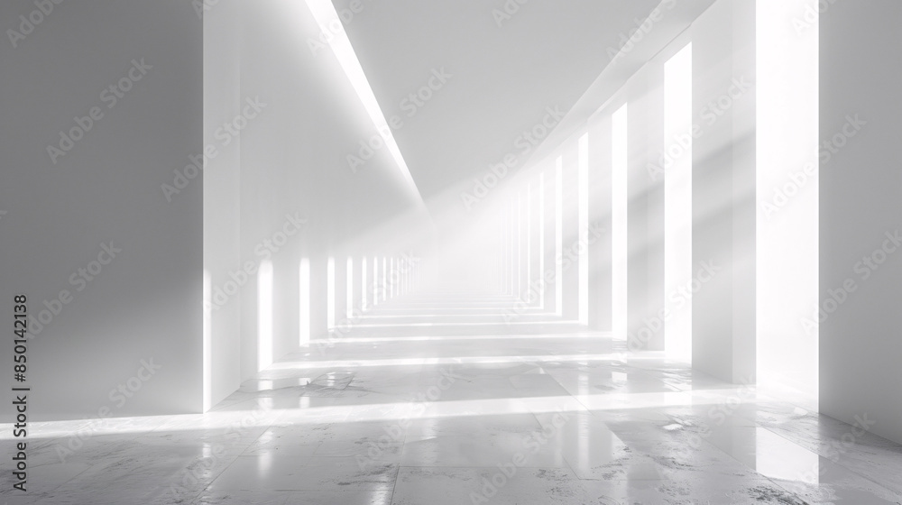 Obraz premium Minimalist White Hallway Bathed in Natural Light, Creating Patterns of Light and Shadow for a Calm and Spacious Atmosphere