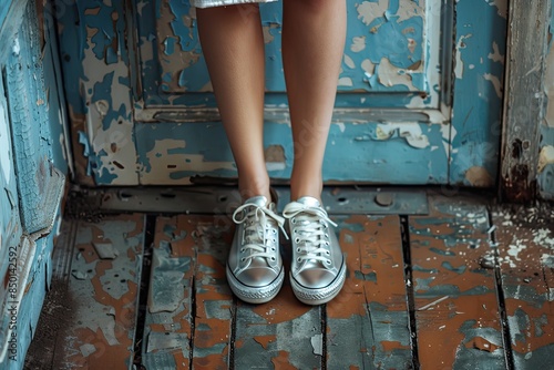 Wallpaper Mural Female Teenage Legs in Sneakers Standing on Weathered Wooden Floor with Rustic Blue Door Torontodigital.ca