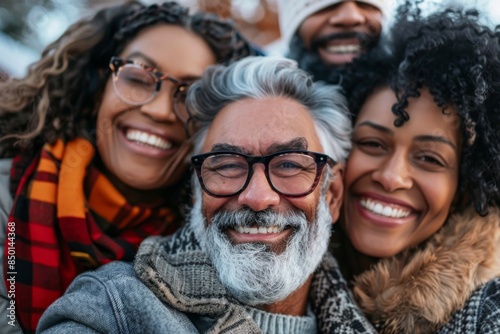 Portrait of happy multiethnic group of friends wearing warm clothes and looking at camera