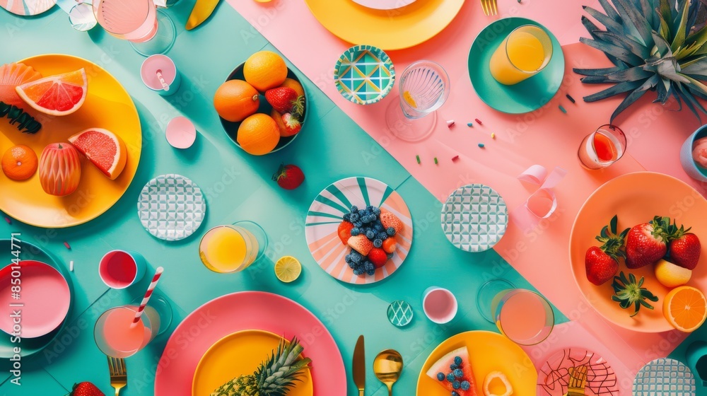 A colorful table with a variety of fruits and drinks, including oranges, strawberries, and pineapple. The table is set for a party or gathering, with plates, cups, and utensils A colorful table with a variety of fruits and drinks, including oranges, strawberries, and pineapple. The table is set for a party or gathering, with plates, cups, and utensils