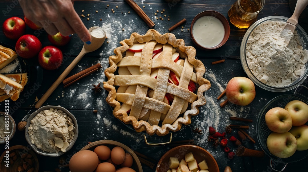 A pie with apples, cinnamon and other ingredients. A pie with apples, cinnamon and other ingredients.