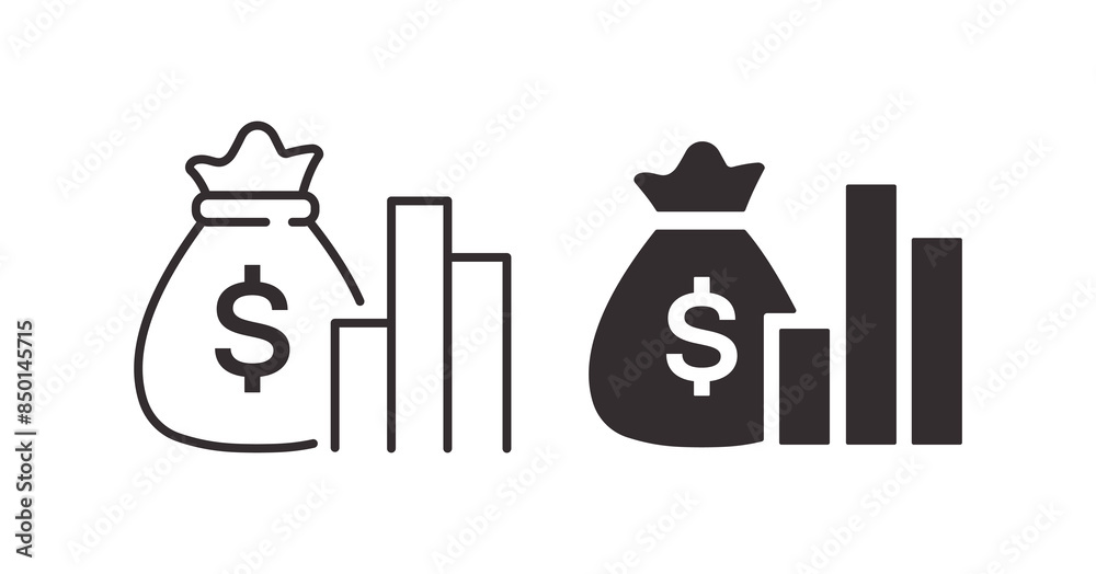 Vector icons depicting money bags with rising financial graphs, symbolizing profit growth. Vector illustration. Vector icons depicting money bags with rising financial graphs, symbolizing profit growth. Vector illustration.