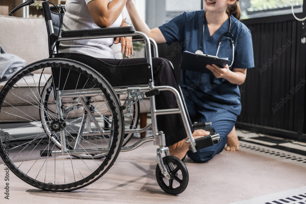 Obraz premium A young female nurse of Asian descent assists an elderly woman in a wheelchair, sitting on a sofa.