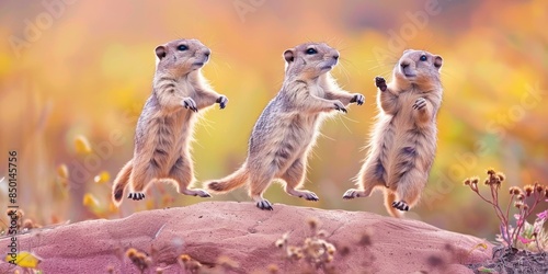 A Groundhog's Ball: A Whimsical Dance Party in the Sky. This delightful artwork captures a playful gathering of groundhogs enjoying a joyous dance party in the sky. Their vibrant colors and joyful exp