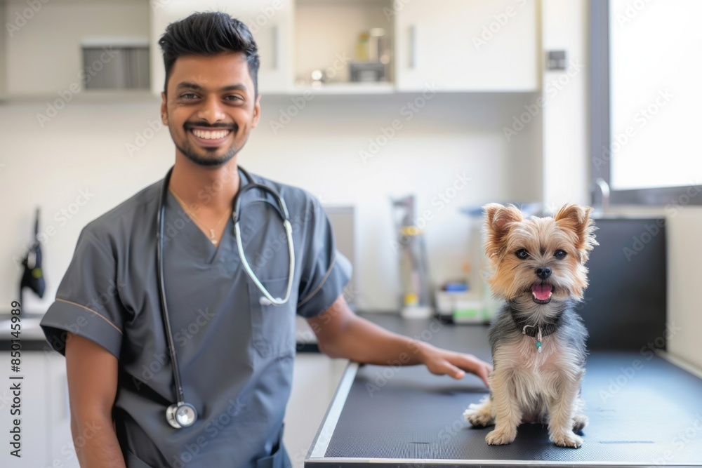 Smiling Hindu Indian man doctor veterinarian sitting next to a healed dog in bright veterinary clinic. The concept for the development of veterinary clinics, treatment and care of animals.
