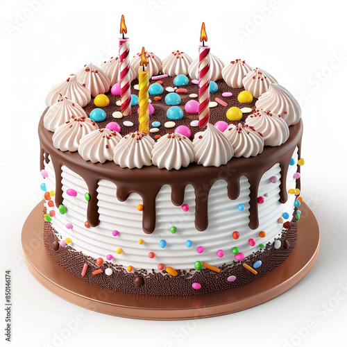 An elegantly designed birthday cake featuring vibrant frosting and candles on a pristine white background. Perfect for marketing materials, social media posts, and birthday-themed projects.
