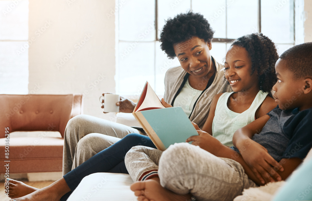 Home, smile and mother with kids, reading book and happiness with fantasy, novel and bonding together. Apartment, single parent on sofa and mama with children, knowledge and storytelling in lounge Home, smile and mother with kids, reading book and happiness with fantasy, novel and bonding together. Apartment, single parent on sofa and mama with children, knowledge and storytelling in lounge