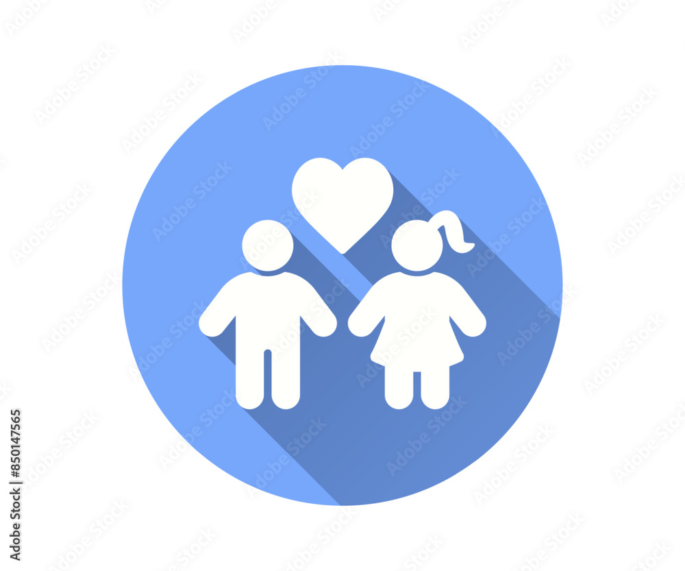 Childhood love icon, vector flat design with long shadow. Depicts a boy and girl with floating hearts above them, symbolizing affection, set within a blue circle. Childhood love icon, vector flat design with long shadow. Depicts a boy and girl with floating hearts above them, symbolizing affection, set within a blue circle.