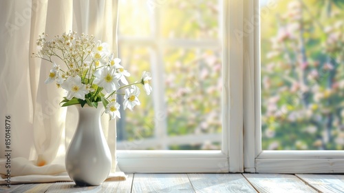 White vase with flowers on the background 