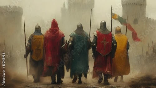 Painting of a Row of Medieval Holy Warriors Wearing Colorful Tabards Marching Towards a Fortress photo