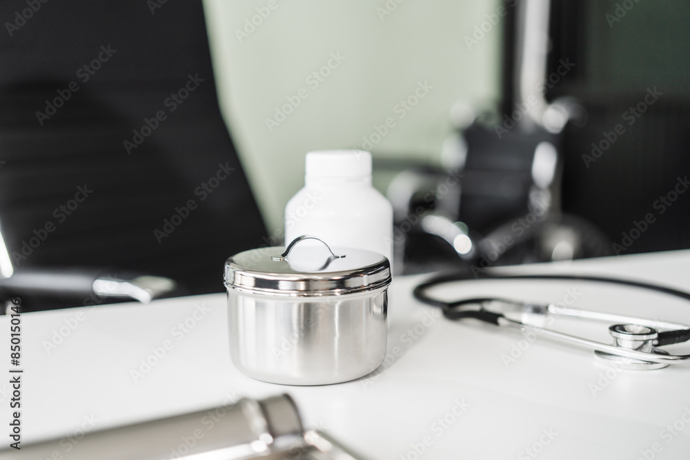 A clean desk with medical equipment, ready for professional use, sits empty, awaiting the next task or appointment. A clean desk with medical equipment, ready for professional use, sits empty, awaiting the next task or appointment.
