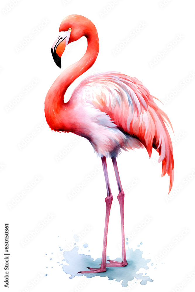 Obraz premium Pink flamingo standing, watercolor bird