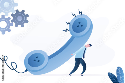 Tired businessman is carrying huge vintage telephone. Burnout, procrastination. Unhappy office manager is exhausted after long and difficult negotiations on phone.