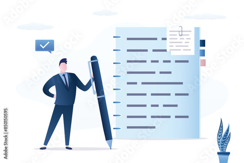 Businessman or employee holding pen writing message on notebook paper, note or message on notebook sheet, writing document. Male student write memo or lecture,