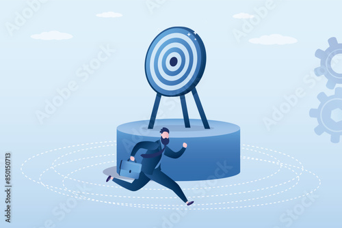 Businessman running around the target. Goal is on high pedestal. Business man in search of right path to business or career development. Find path to success and goals.