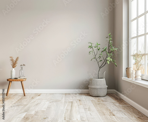 Window in an empty room of an apartment lighting the scene. Interior design composition with minimal furniture and copy space photo