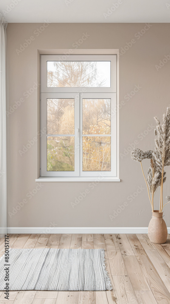 Window in an empty room of an apartment lighting the scene. Interior design composition with minimal furniture and copy space Window in an empty room of an apartment lighting the scene. Interior design composition with minimal furniture and copy space