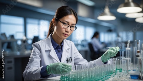  Biotechnology Research Laboratory Female Asian Doctor Working With Test Tubes