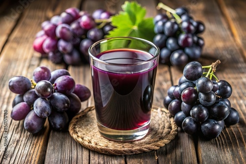 purple juice glass on table with bunch of fresh grapes