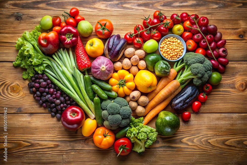 vegetable arranged in heart shape. Healthy diet for cardiovascular health