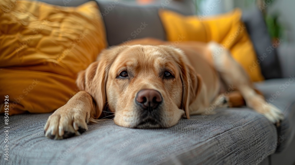 A Dog Lounging Comfortably On The Sofa, Embodying Relaxation A Dog Lounging Comfortably On The Sofa, Embodying Relaxation