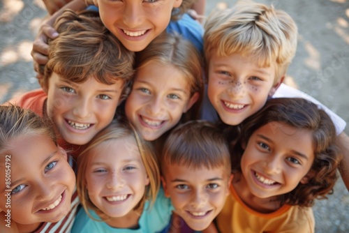 Group of children smiling and looking at the camera in a park.