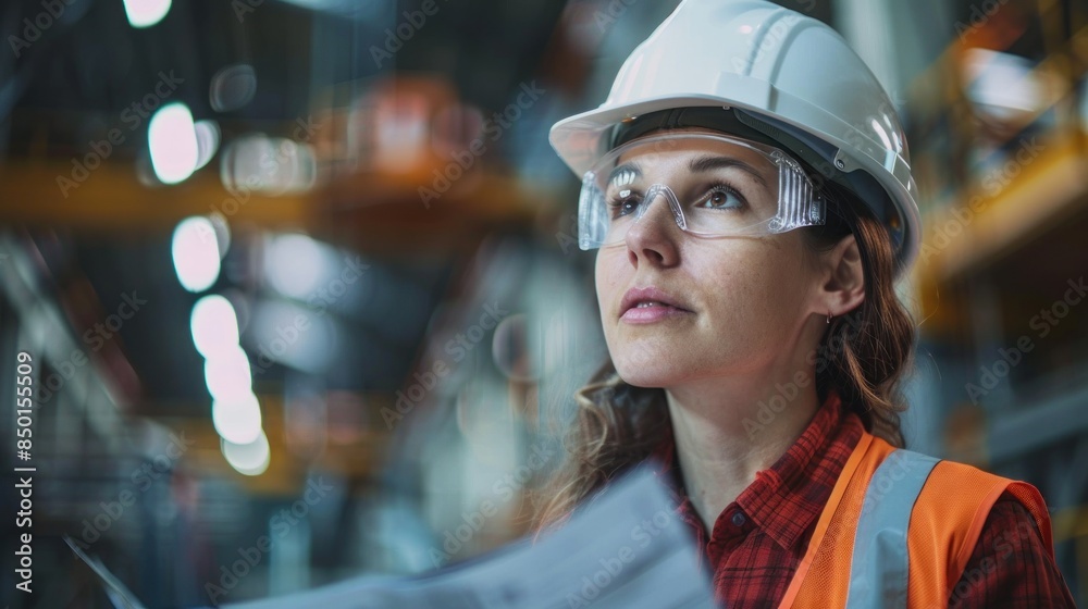 A woman wearing a hard hat and safety glasses is looking at a piece of paper A woman wearing a hard hat and safety glasses is looking at a piece of paper