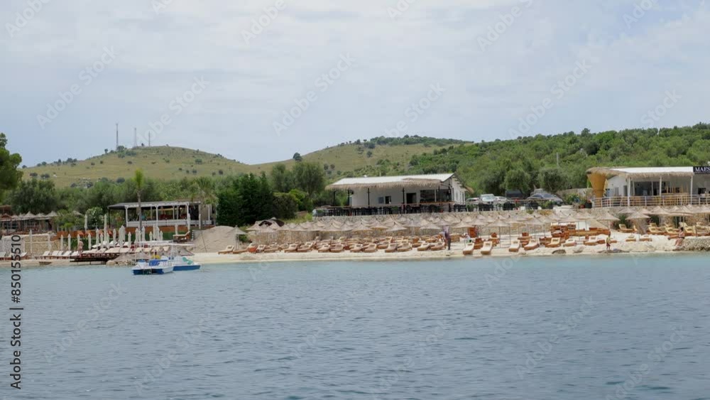 Sea view of Ksamil beach clubs along the coastline on the Ionian Sea in southern Albania Sea view of Ksamil beach clubs along the coastline on the Ionian Sea in southern Albania