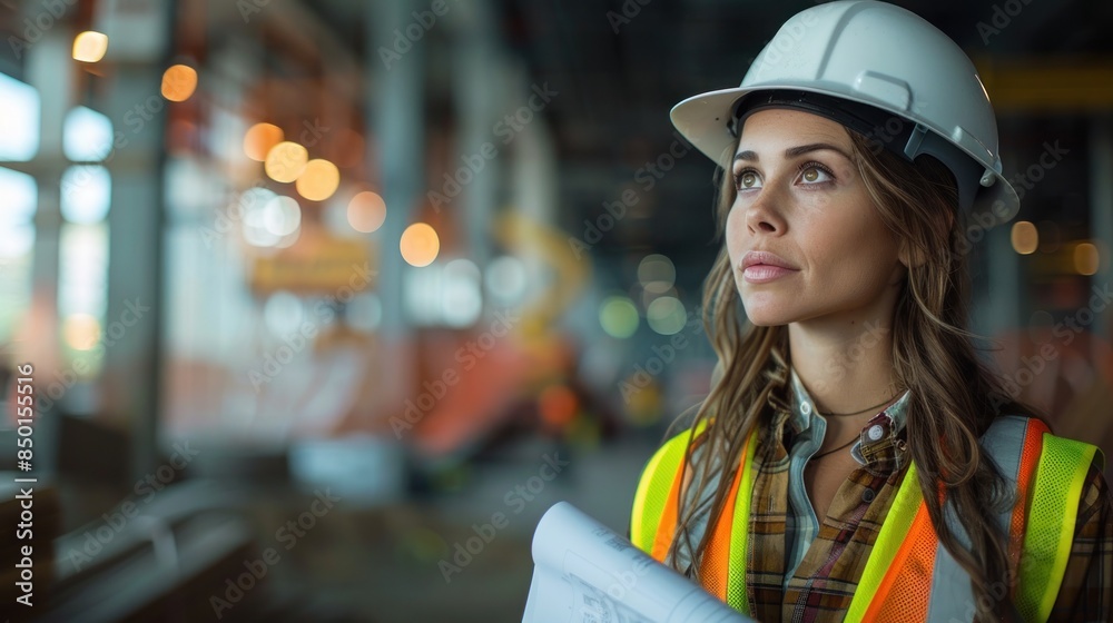 A woman wearing a hard hat and safety vest is holding a piece of paper A woman wearing a hard hat and safety vest is holding a piece of paper